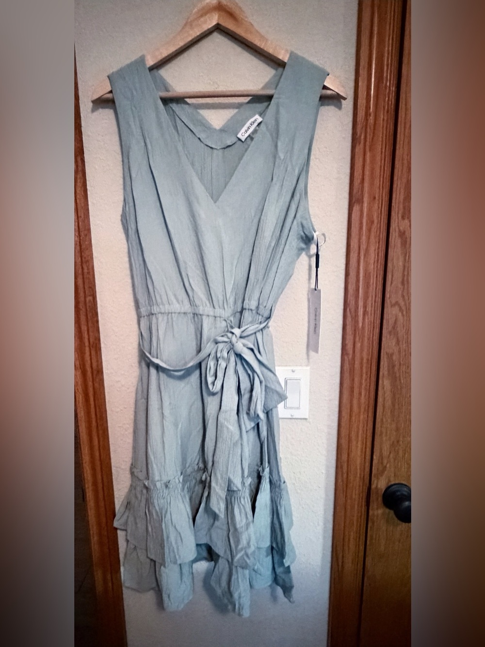 Calvin Klein Sage Green Wrap-Style Ruffle Dress